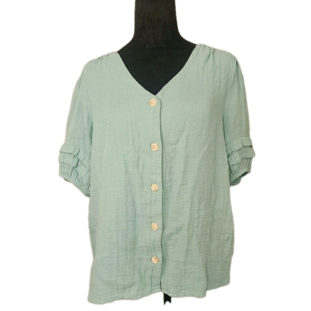 Sonoma Womens T-Shirt Sage 100% Cotton Gauze Layered Sleeve Soft Button Up